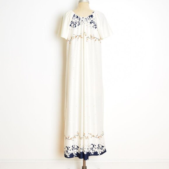 vintage 70s maxi dress cream navy floral border print caftan tent hippie boho M - Picture 9 of 11